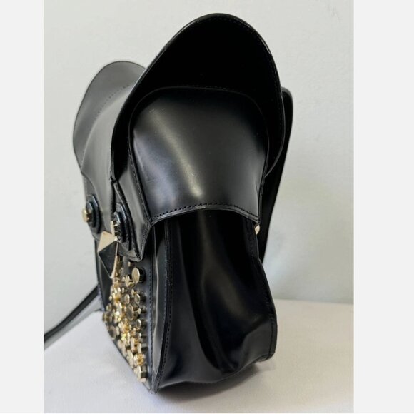 LUANA Italy Minerva Black Leather Studded Tassel Witch Wise Owl Crossbody Bag - Picture 5 of 9